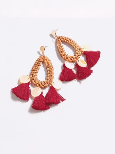 Red e68596 Zinc Alloy Shell Multi Color Cotton Tassel Bohemia  Hand Weave Drop Earring