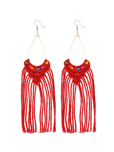 Red e68738 Multi Color Cotton thread  Heart Tassel Bohemia Pure handmade Weave Earring