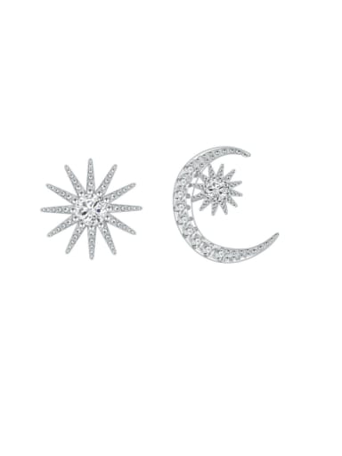 925 Sterling Silver Cubic Zirconia Asymmetrical Moon Star Dainty Stud Earring