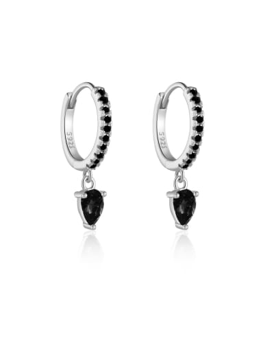 (Platinum) Black Stone 925 Sterling Silver Cubic Zirconia Water Drop Dainty Stud Earring