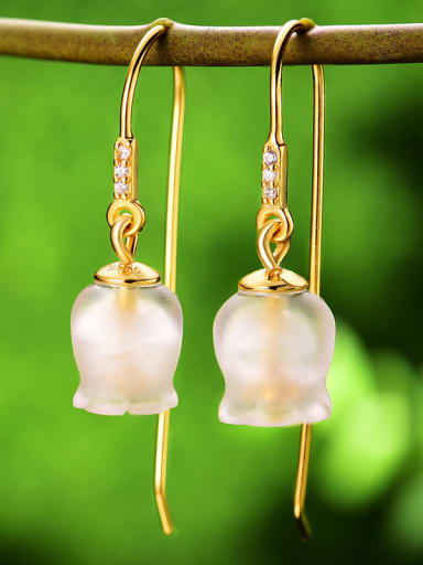golden 925 Sterling Silver  Lily of the Valley Carved Crystal Artisan Hook Earring