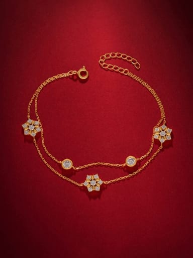 golden 925 Sterling Silver Cubic Zirconia Flower Luxury Strand Bracelet