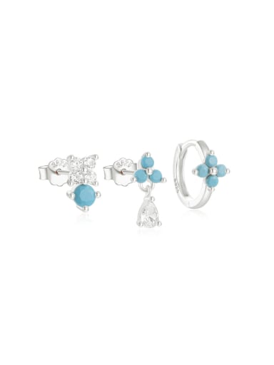 3 pieces per set in white gold 925 Sterling Silver Turquoise Flower Cute Stud Water Drop Earring