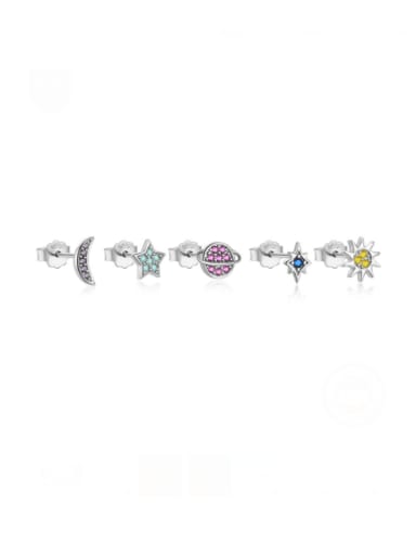 5 pieces per set in platinum color 925 Sterling Silver Cubic Zirconia Star  Moon Set Dainty Stud Earring