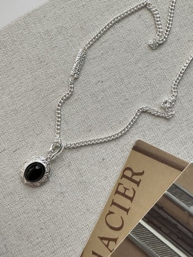 925 Sterling Silver Natural Stone Black Geometric Vintage Necklace