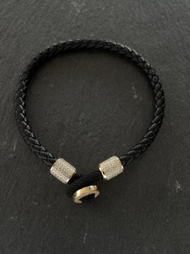 Gold [b 0858] 925 Sterling Silver High Carbon Diamond Artificial Leather Geometric Hip Hop Handmade Weave Bracelet