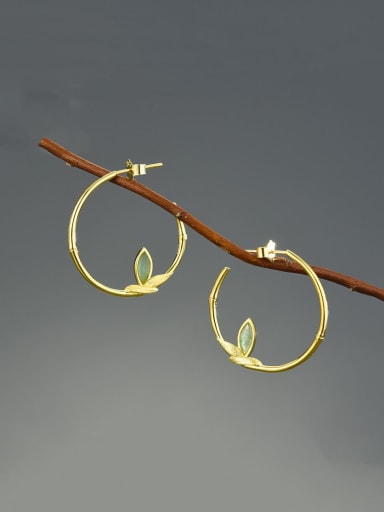 925 Sterling Silver Round Bamboo leaf aventurine jade horse eye Artisan Hoop Earring