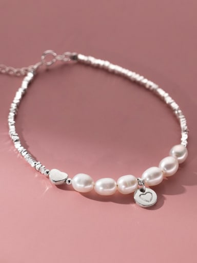 925 Sterling Silver Imitation Pearl Heart Minimalist Handmade Beaded Bracelet
