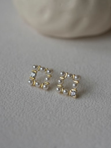 925 Sterling Silver Imitation Pearl Square Trend Stud Earring