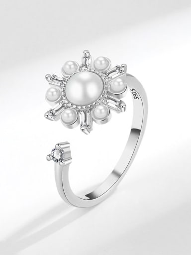 Platinum 925 Sterling Silver Imitation Pearl Flower Minimalist Rotate  Band Ring