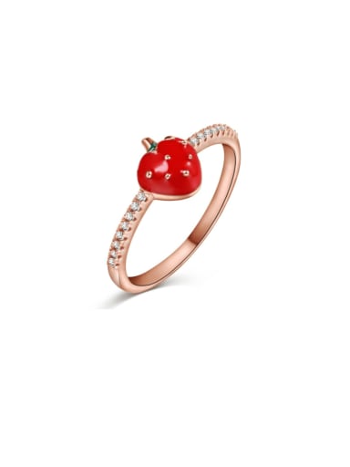DY121049 S R WH 925 Sterling Silver Enamel Cubic Zirconia Friut Strawberry Minimalist Band Ring