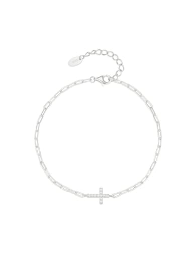 Platinum 925 Sterling Silver Cubic Zirconia Cross Minimalist Hollow Chain Bracelet
