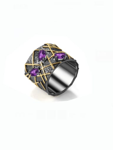 Natural Amethyst Ring 925 Sterling Silver Amethyst Geometric Vintage Band Ring