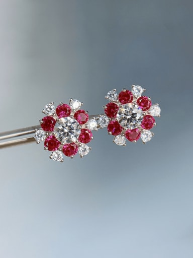 E258 Red 925 Sterling Silver Cubic Zirconia Flower Luxury Cluster Earring