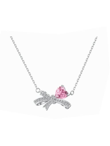Platinum +Pink DY190681 S W BF 925 Sterling Silver Cubic Zirconia Bowknot Dainty Necklace