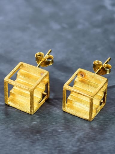 golden 925 Sterling Silver Geometric Architectural Staircase Zircon Artisan Stud Earring