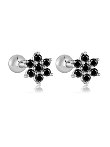 Platinum (Black Stone) 925 Sterling Silver Cubic Zirconia Flower Dainty Stud Earring