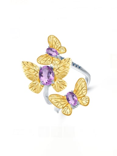 Natural Amethyst Ring 925 Sterling Silver Swiss Blue Topaz Butterfly Artisan Band Ring