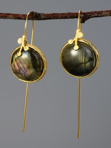 golden 925 Sterling Silver Natural Stone Green round leaf labradorite handmade Artisan Hook Earring