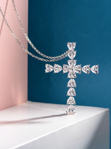 White [P 1070] 925 Sterling Silver High Carbon Diamond Cross Luxury Necklace