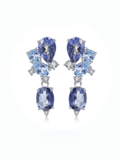 Cordierite Blue Crystal Topaz 925 Sterling Silver Natural  Topaz Water Drop Luxury Cluster Earring