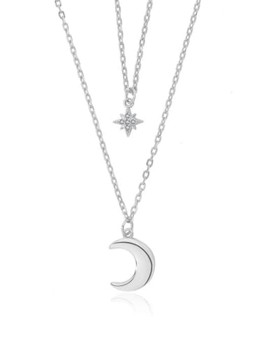 A2885 Platinum 925 Sterling Silver Cubic Zirconia Moon Minimalist Multi Strand Necklace