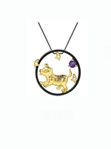 Natural Amethyst Pendant +Chain 925 Sterling Silver Natural Stone Zodiac Artisan Dog Pendant Necklace