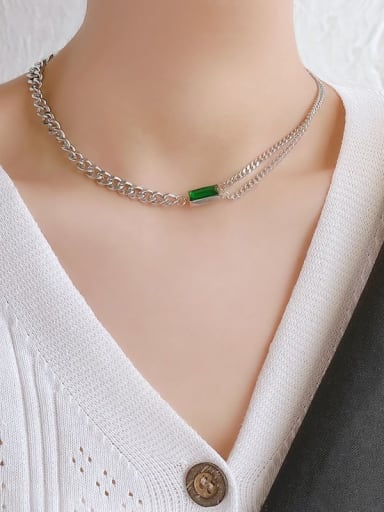 Green zircon silver necklace Titanium Steel Glass Stone Geometric Minimalist Necklace
