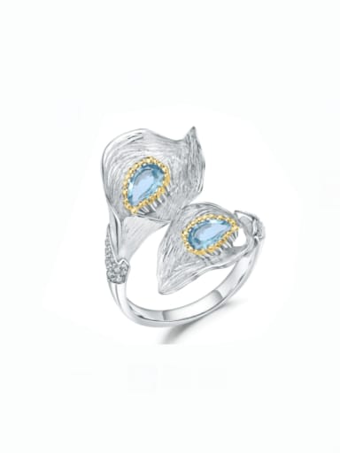 925 Sterling Silver Swiss Blue Topaz Leaf Artisan Band Ring
