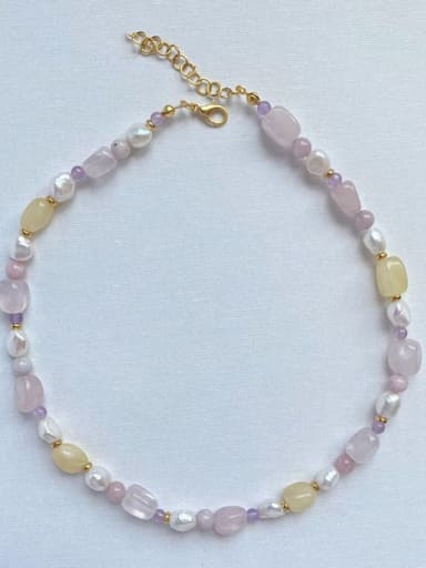 Pink necklace 38 +5cm Titanium Steel Natural Stone Geometric Bohemia Handmade Beaded Necklace