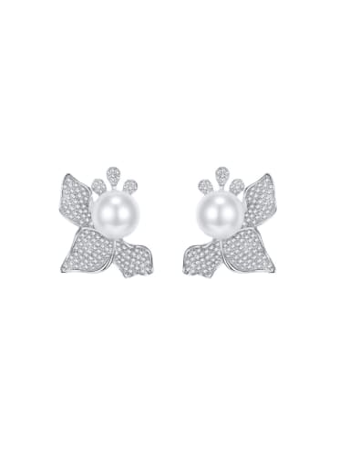 925 Sterling Silver Imitation Pearl Flower Luxury Cluster Earring