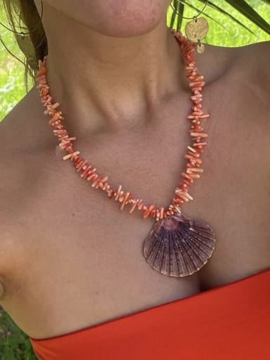 Orange Coral Necklace 45+5cm Titanium Steel Natural Stone Irregular Bohemia Fashionable Shell Conch Pendant Beaded Necklace