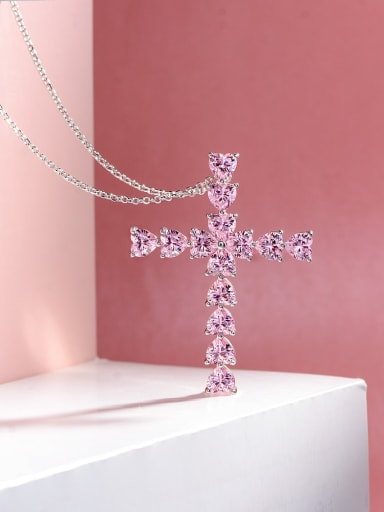 Pink [P 1070] 925 Sterling Silver High Carbon Diamond Cross Luxury Necklace
