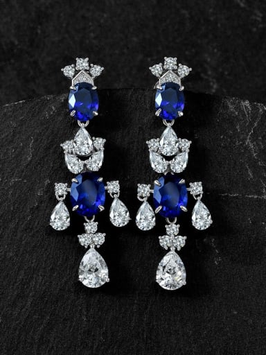 Blue corundum [E 2462] 925 Sterling Silver Cubic Zirconia Oval Luxury Cluster Earring