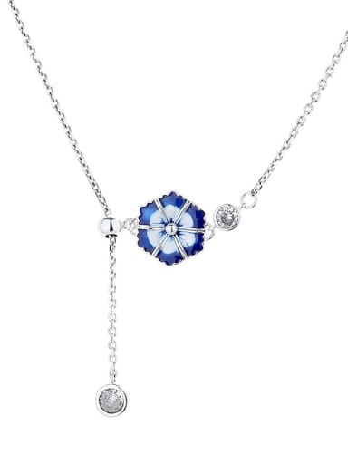 925 Sterling Silver Enamel Flower Vintage Tassel Necklace