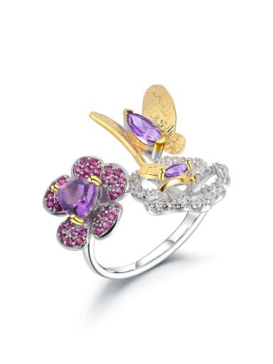 925 Sterling Silver Amethyst Flower Luxury Band Ring