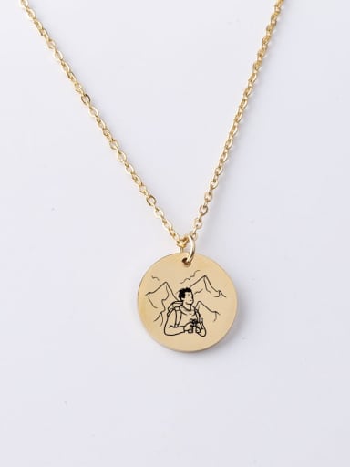 YP001 34 20MM Stainless Steel Disc Record Mountaineering Cartoon Pattern Pendant Necklace