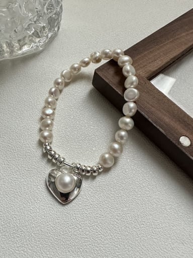 925 Sterling Silver Freshwater Pearl Heart Vintage Beaded Bracelet