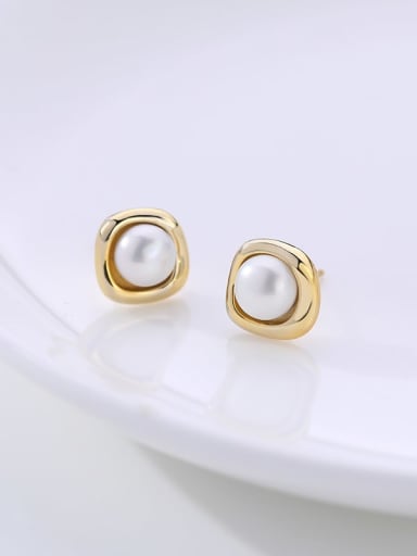 E2604 Gold 925 Sterling Silver Imitation Pearl Geometric Minimalist Stud Earring