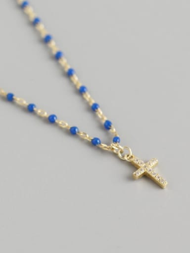 Gold (dark blue) 925 Sterling Silver Cubic Zirconia Cross Vintage Necklace