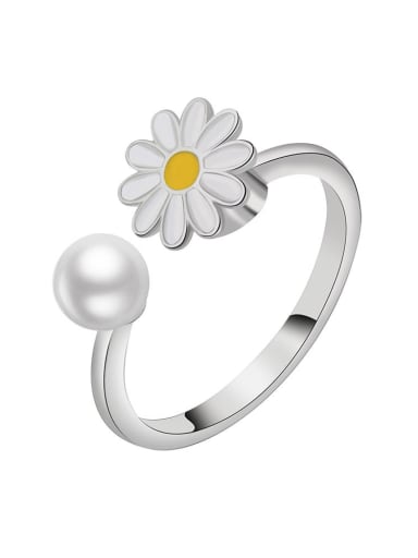Platinum (white) 925 Sterling Silver Enamel Imitation Pearl Flower Cute  Can Be Rotated Band Ring