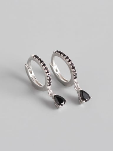 3#Platinum (Blackstone) 925 Sterling Silver Rhinestone Black Geometric Classic Huggie Earring