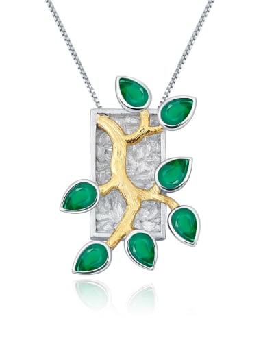 Green Agate Pendant+Chain 925 Sterling Silver Natural  Topaz Geometric Luxury Necklace