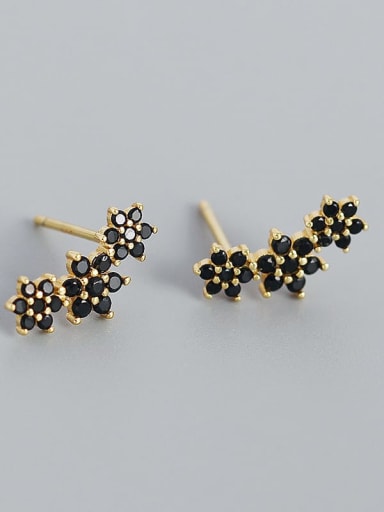 Gold (black stone) 925 Sterling Silver Cubic Zirconia Flower Vintage Stud Earring