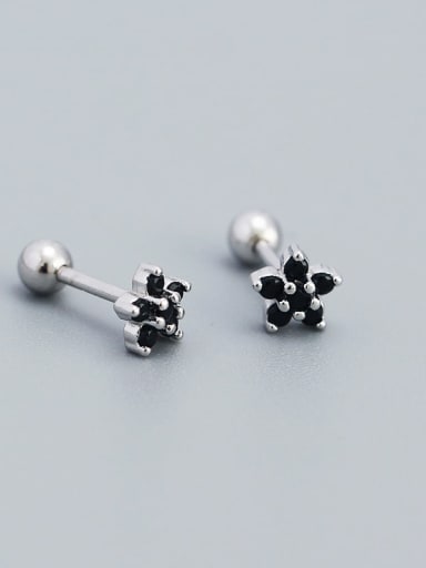 Platinum (black stone) 925 Sterling Silver Cubic Zirconia Flower Minimalist Stud Earring