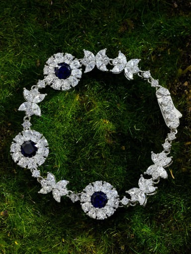 Blue 17cm [b 1759] 925 Sterling Silver High Carbon Diamond Flower Luxury Bracelet