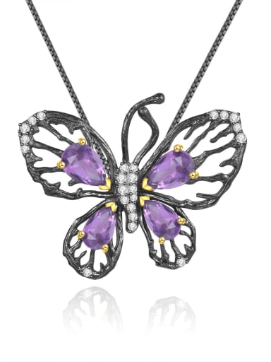 Natural Amethyst Pendant  Necklace 925 Sterling Silver Garnet  Vintage Butterfly Pendant Necklace
