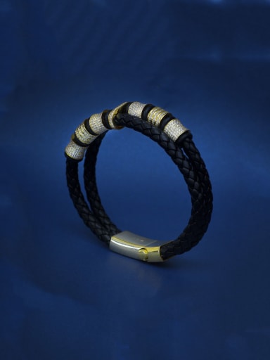 925 Sterling Silver Rhinestone Artificial Leather Geometric Hip Hop Bracelet