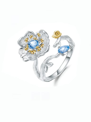 925 Sterling Silver Swiss Blue Topaz Flower Artisan Band Ring