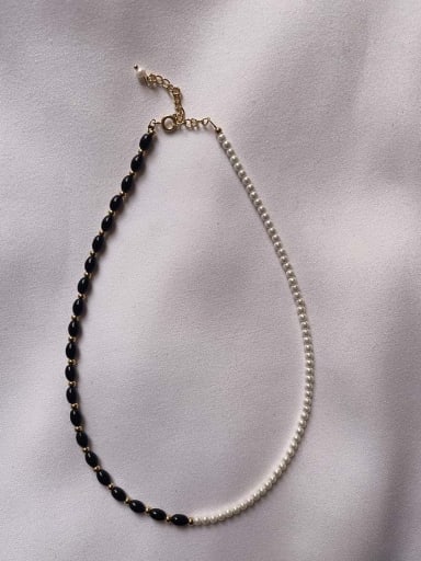 Titanium Steel Freshwater Pearl Black Geometric Vintage Beaded Necklace